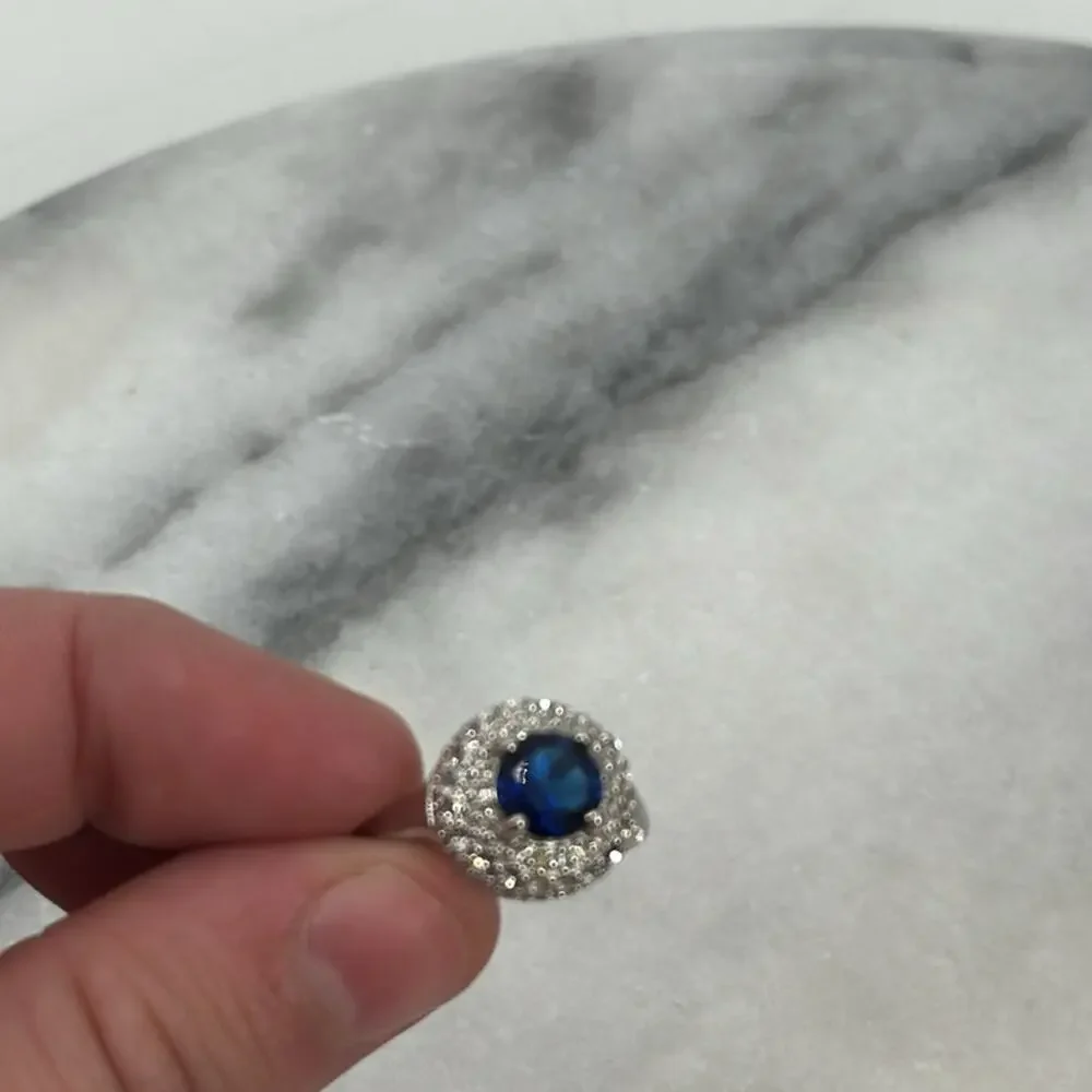 Silver plated blue glass domed halo encrusted ring size 6.5